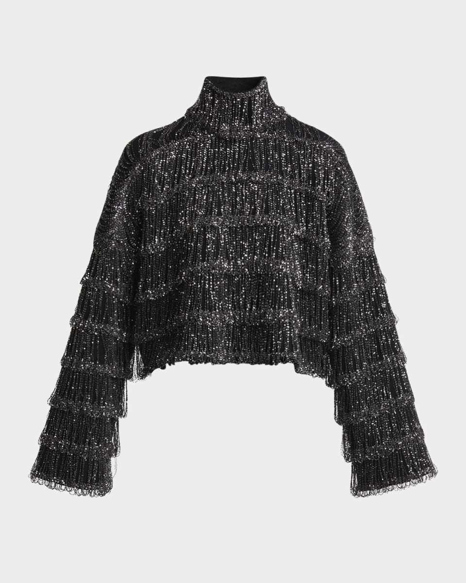 Sequin Fringe Turtleneck Long-Sleeve Crop Sweater